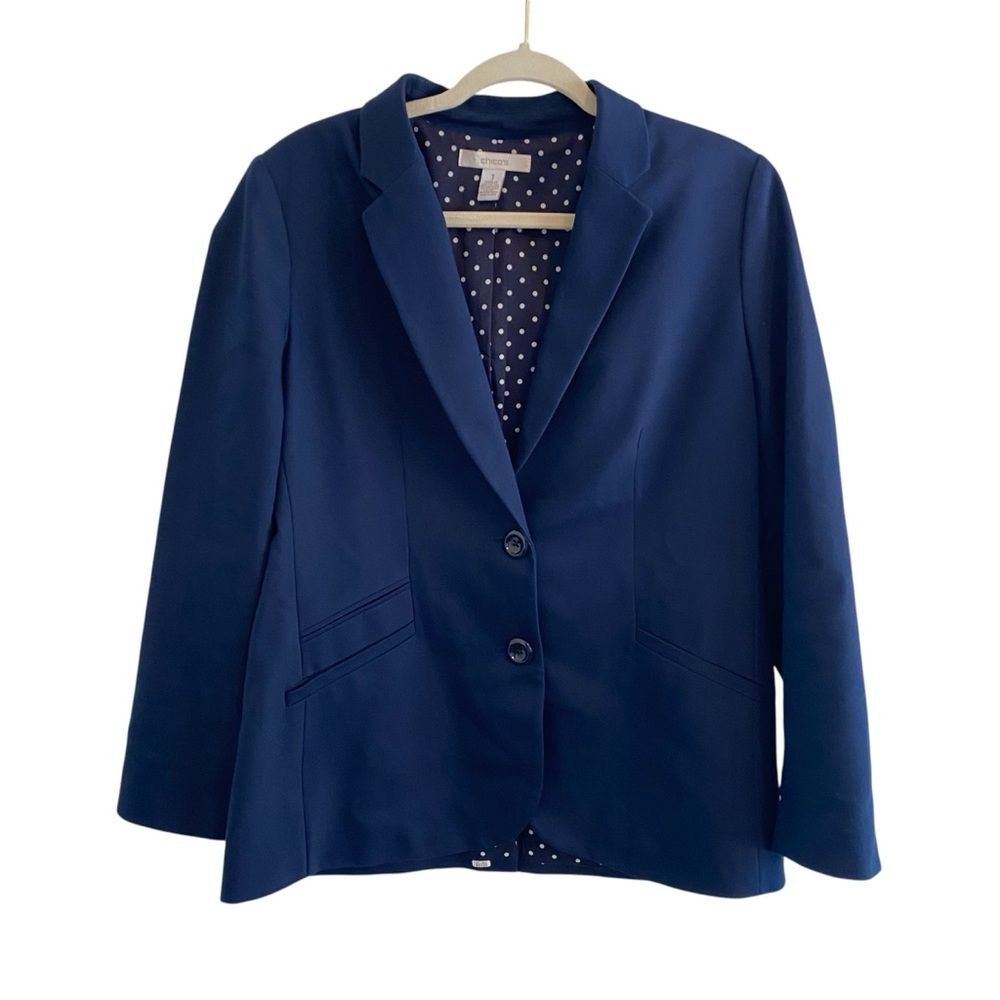 Chico’s Navy Blue 2 Button Blazer Jacket Polka Dot Lining Women’s Chicos Size 1